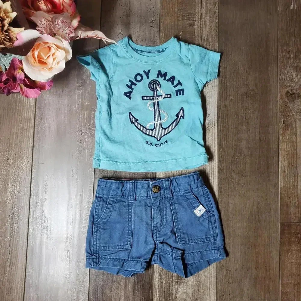 Carter's Blue Ahoy Mate Baby Boys Outfit Size 3M